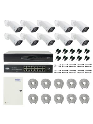 Paquete PNI House IP816 NVR con 10 cámaras PNI IP780 de 4MP, fuente, interruptor, cables, enchufes y divisores