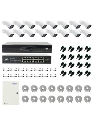 Paquete PNI House IP816 NVR con 16 cámaras PNI IP740 de 4MP, fuente, interruptor, cables, enchufes y divisores