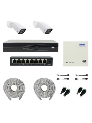 Paquete PNI House IP816 NVR con 2 cámaras PNI IP740 de 4MP, fuente, interruptor, cables, enchufes y divisores