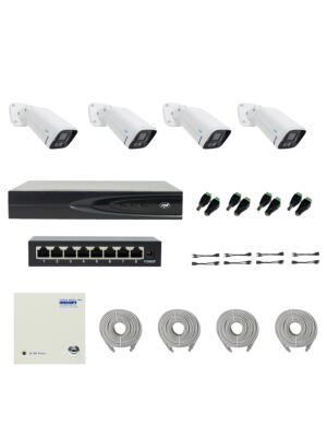 Paquete PNI House IP816 NVR con 4 cámaras PNI IP740 de 4MP, fuente, interruptor, cables, enchufes y divisores