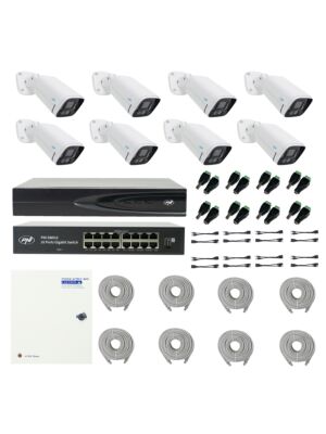 Paquete PNI House IP816 NVR con 8 cámaras PNI IP780 4K, fuente, interruptor, cables, enchufes y divisores