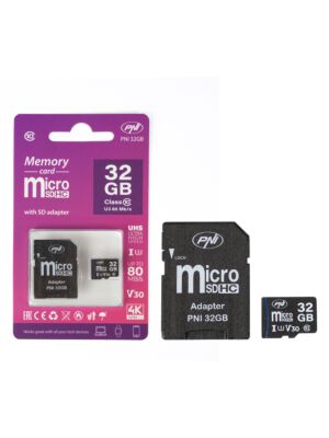 Tarjeta de memoria MicroSD PNI 32GB con adaptador SD, Clase 10, 80 Mb/s, V30