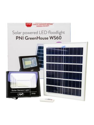 Reflector LED 50W PNI GreenHouse WS60 con panel solar, batería 12AH y sensor de movimiento