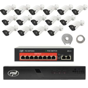 Paquete de videovigilancia con 16 cámaras, interruptor y cables.